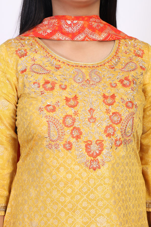 Yellow Embroidered A-Line Jacquard Kurta with Legging and Stole Set