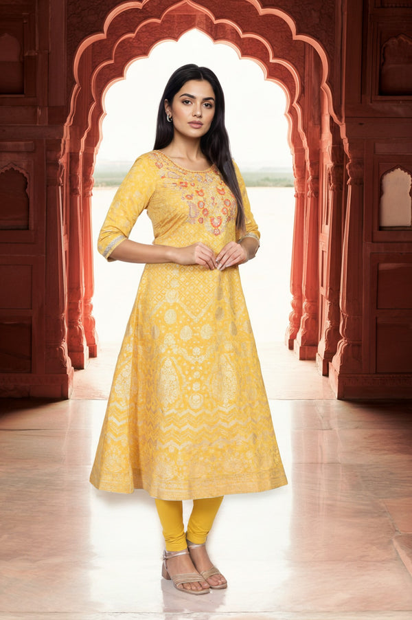 Yellow Embroidered A-Line Jacquard Kurta with Legging and Stole Set