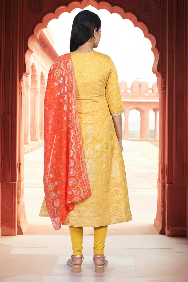 Yellow Embroidered A-Line Jacquard Kurta with Legging and Stole Set