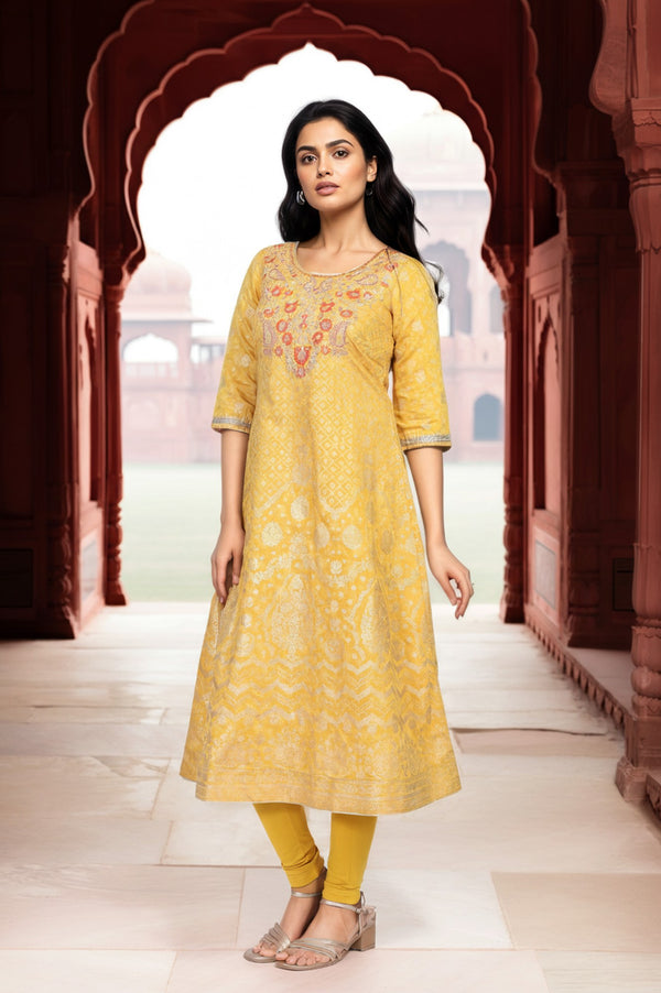 Yellow Embroidered A-Line Jacquard Kurta with Legging and Stole Set