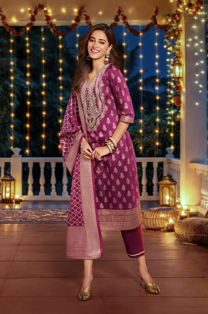Purple Ethnic Motifs Dori Embroidery Straight Kurta with Palazzo and Dupatta Set - S