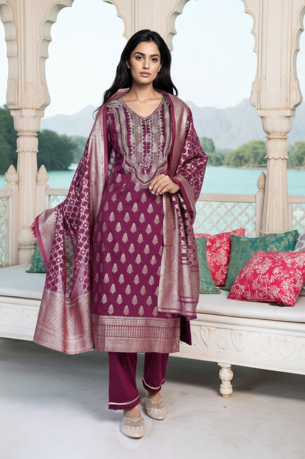Purple Ethnic Motifs Dori Embroidery Straight Kurta with Palazzo and Dupatta Set