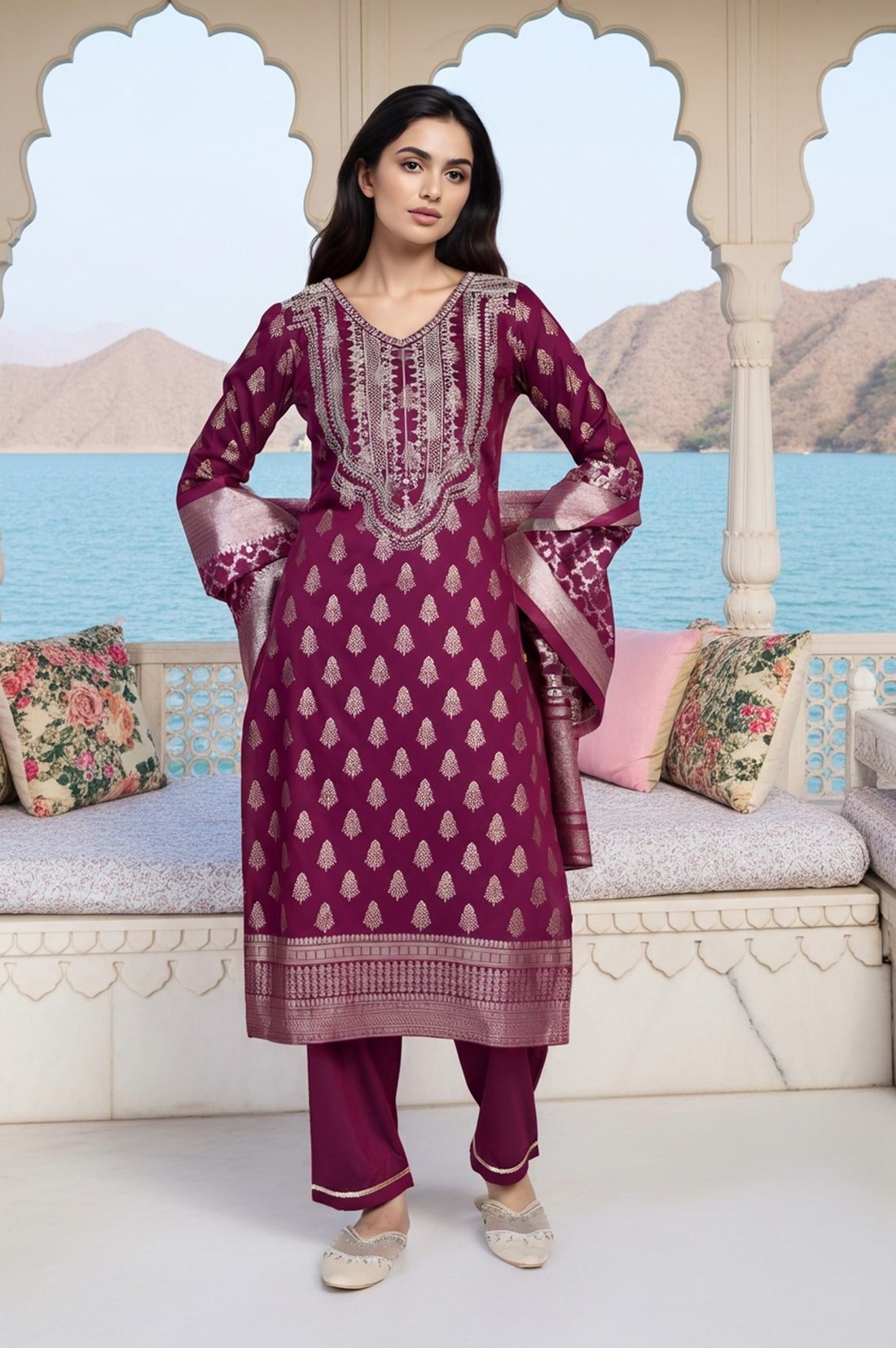 Purple Ethnic Motifs Dori Embroidery Straight Kurta with Palazzo and Dupatta Set