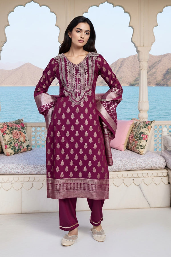 Purple Ethnic Motifs Dori Embroidery Straight Kurta with Palazzo and Dupatta Set