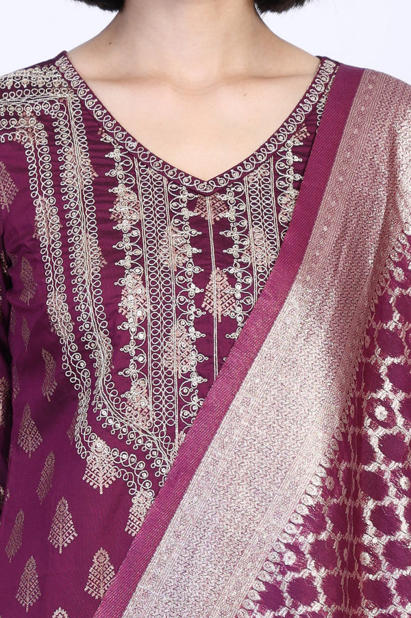 Purple Ethnic Motifs Dori Embroidery Straight Kurta with Palazzo and Dupatta Set