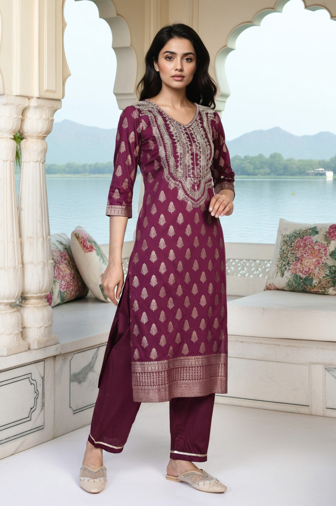 Purple Ethnic Motifs Dori Embroidery Straight Kurta with Palazzo and Dupatta Set
