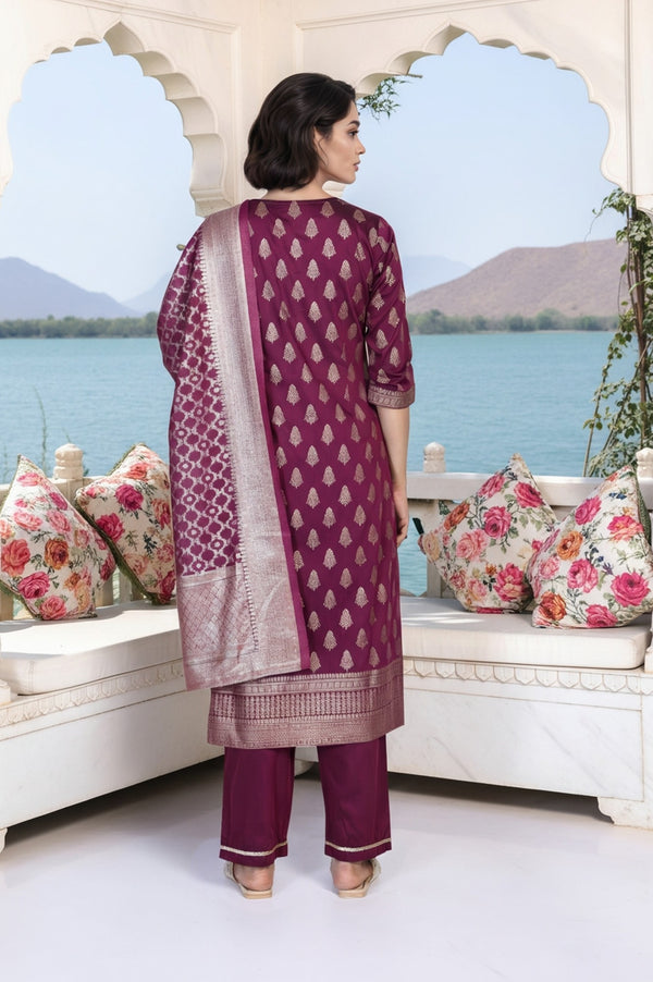 Purple Ethnic Motifs Dori Embroidery Straight Kurta with Palazzo and Dupatta Set