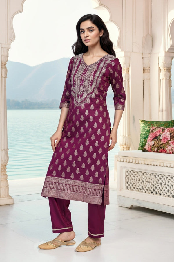 Purple Ethnic Motifs Dori Embroidery Straight Kurta with Palazzo and Dupatta Set