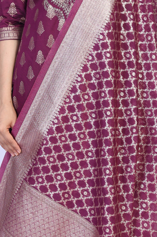 Purple Ethnic Motifs Dori Embroidery Straight Kurta with Palazzo and Dupatta Set