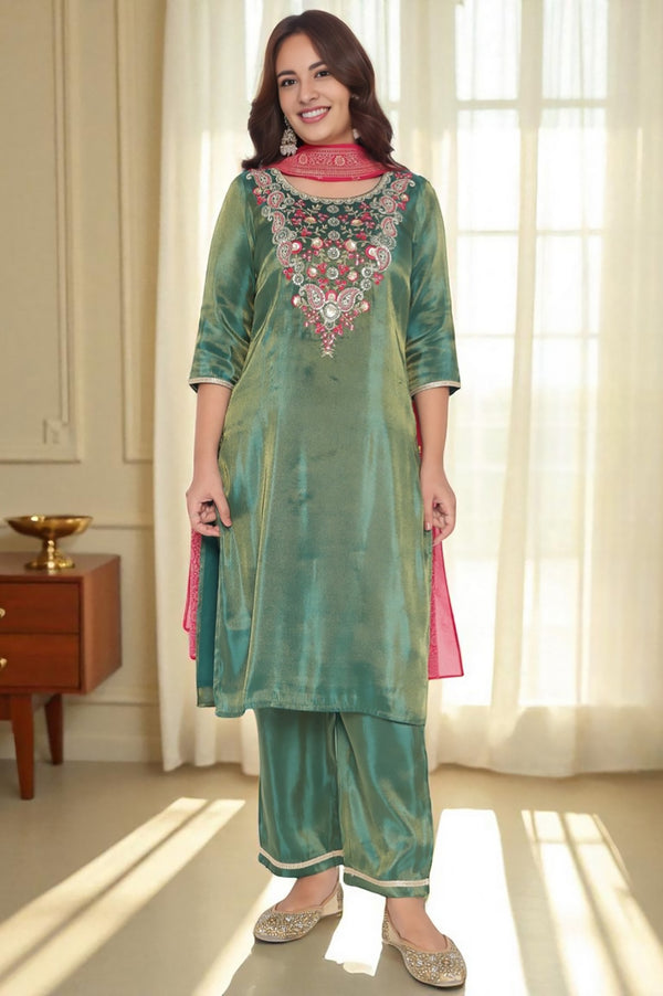Green Solid Printed Sequins Tissues Kurta, Palazzo and Dupatta Set