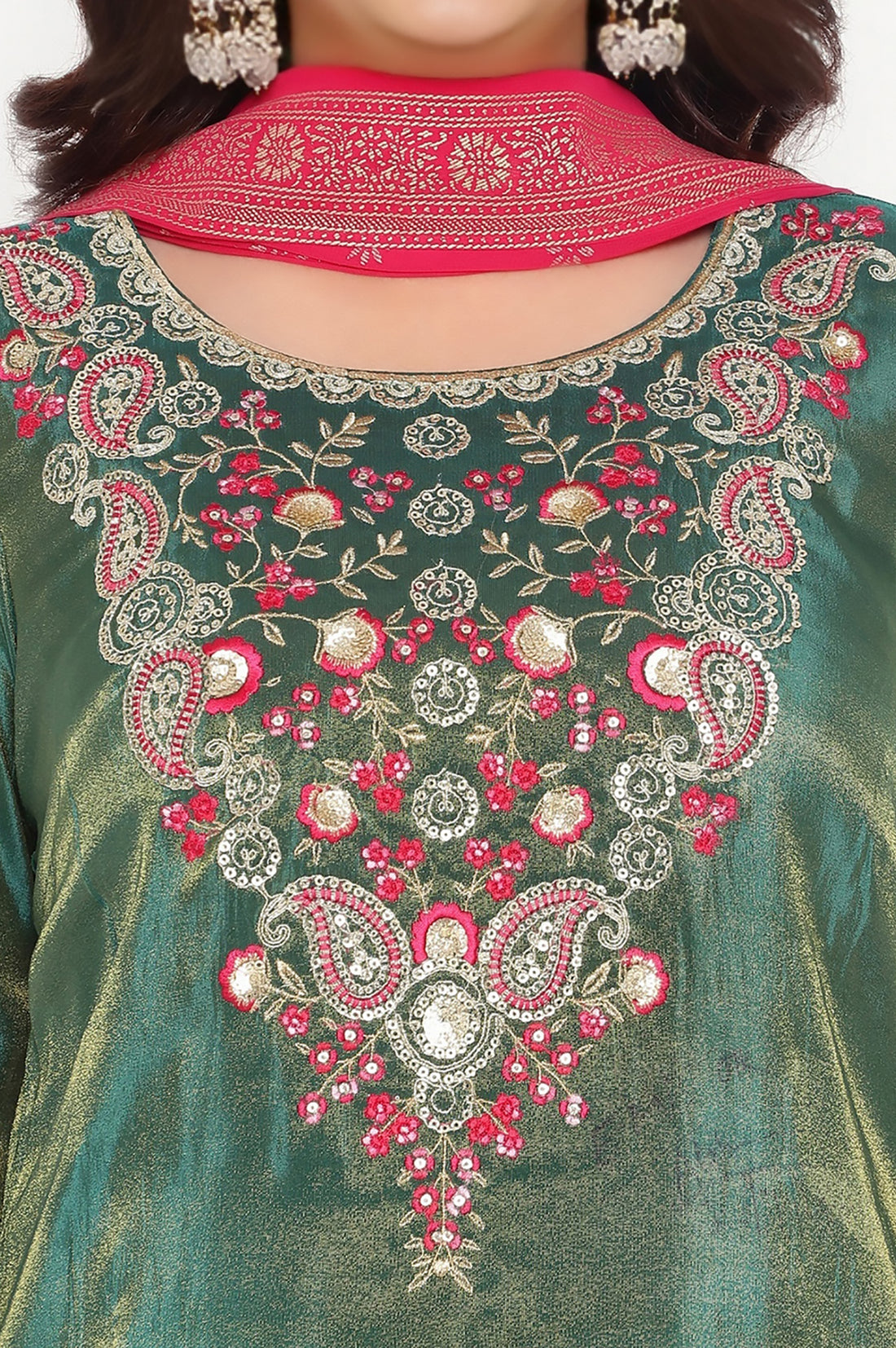 Green Solid Printed Sequins Tissues Kurta, Palazzo and Dupatta Set