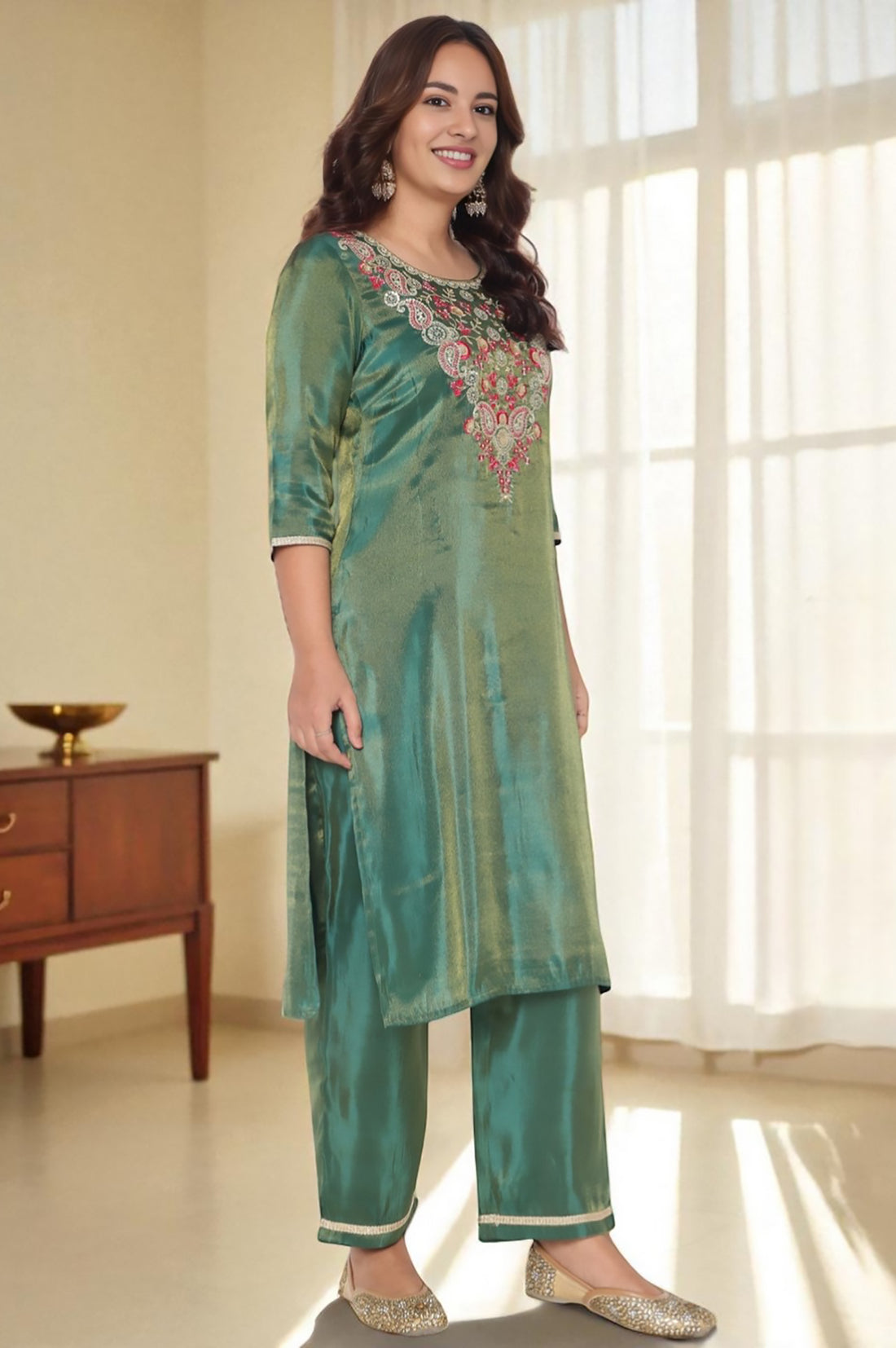 Green Solid Printed Sequins Tissues Kurta, Palazzo and Dupatta Set