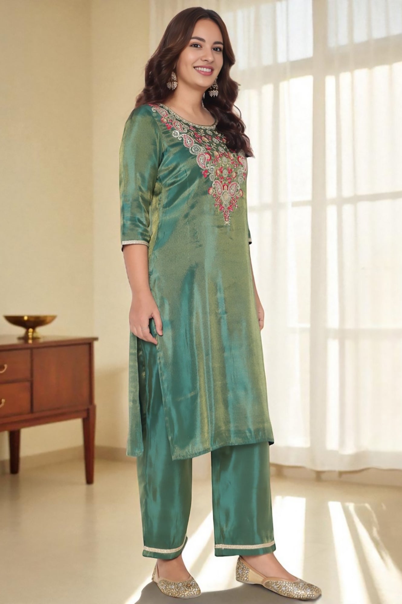 Green Solid Printed Sequins Tissues Kurta, Palazzo and Dupatta Set