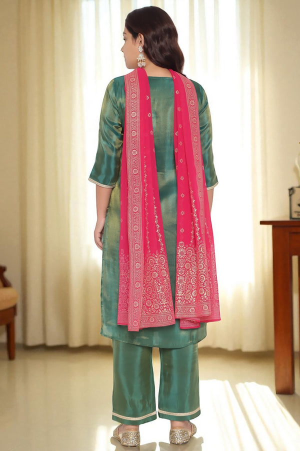 Green Solid Printed Sequins Tissues Kurta, Palazzo and Dupatta Set