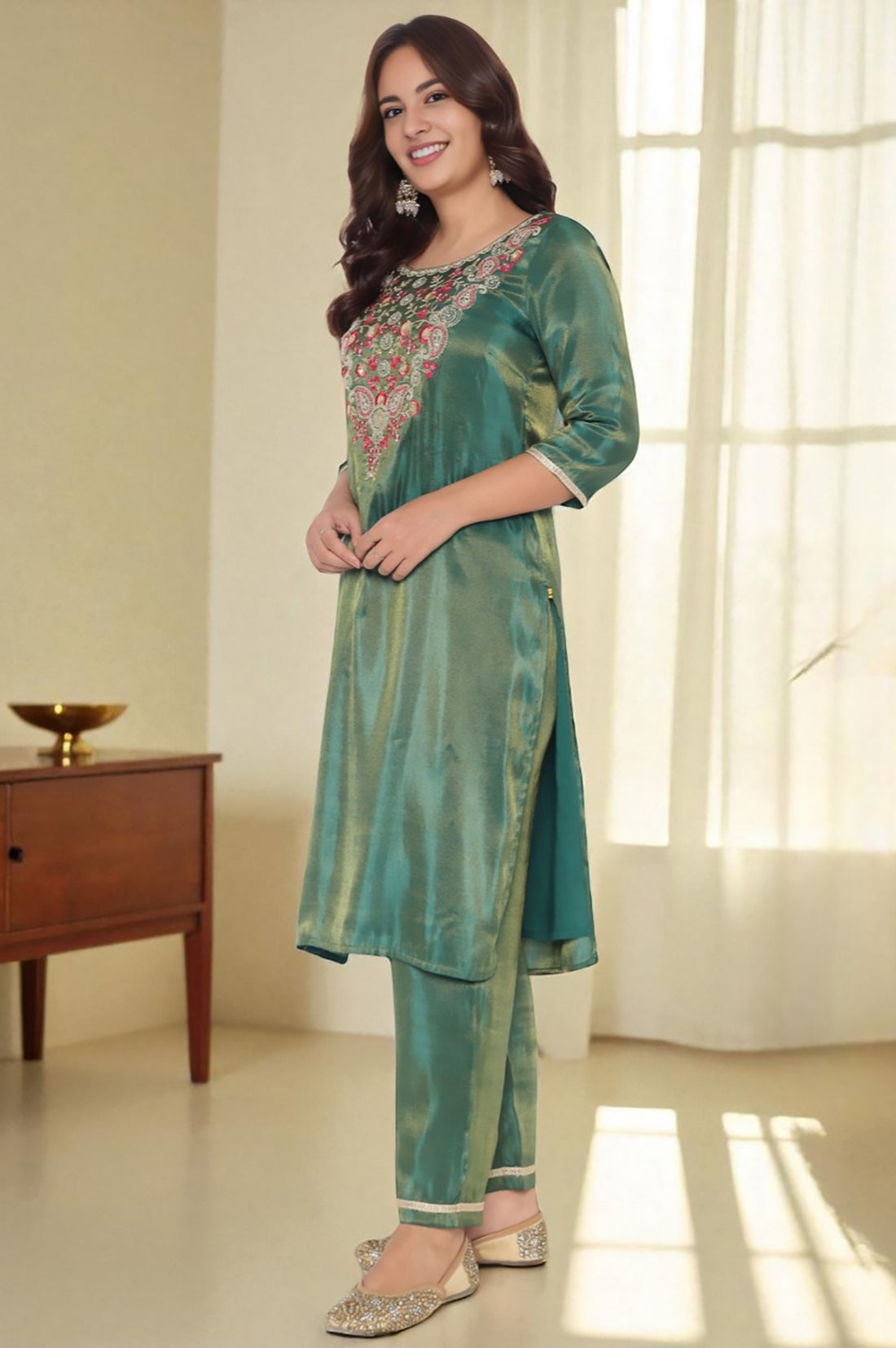 Green Solid Printed Sequins Tissues Kurta, Palazzo and Dupatta Set