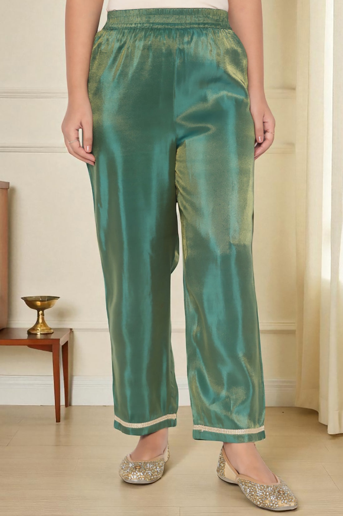 Green Solid Printed Sequins Tissues Kurta, Palazzo and Dupatta Set