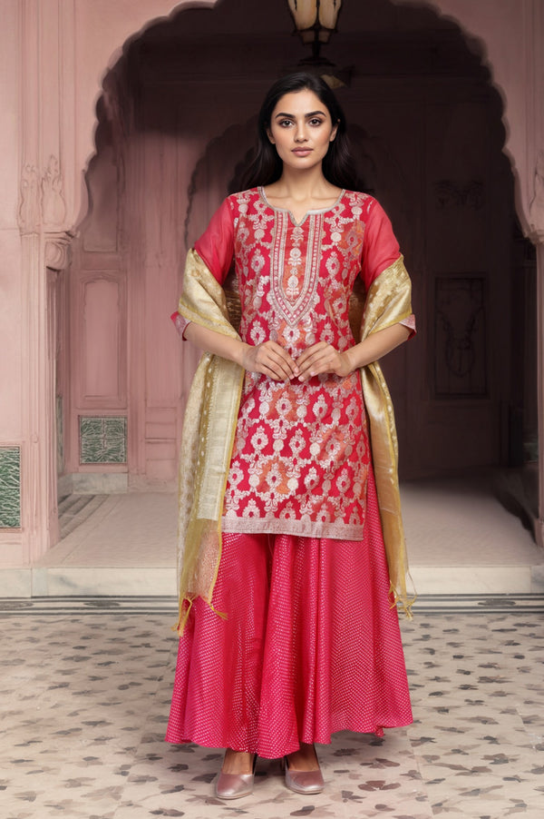 Pink Ethnic Motifs Printed Embroidered Straight Woven Kurta with Palazzo and Dupatta Set