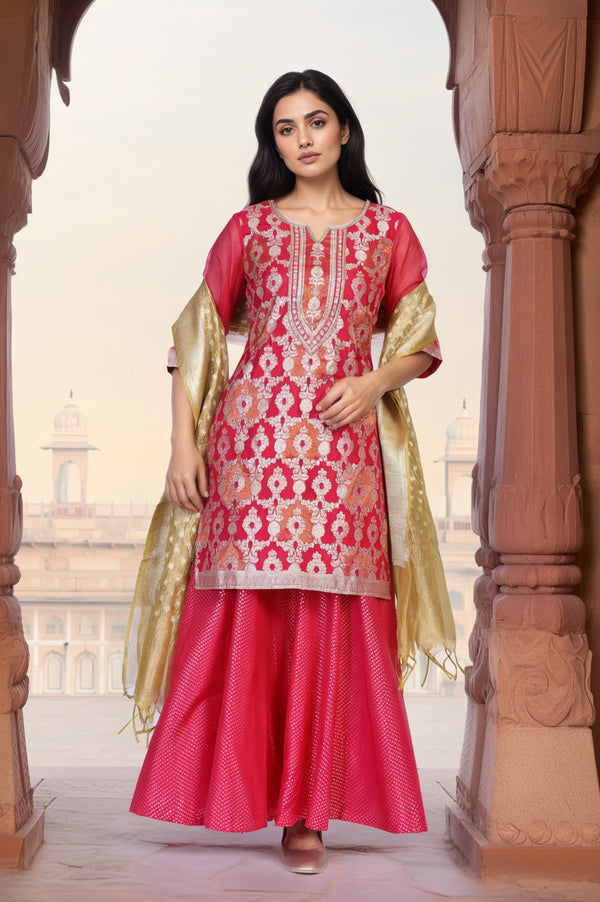 Pink Ethnic Motifs Printed Embroidered Straight Woven Kurta with Palazzo and Dupatta Set
