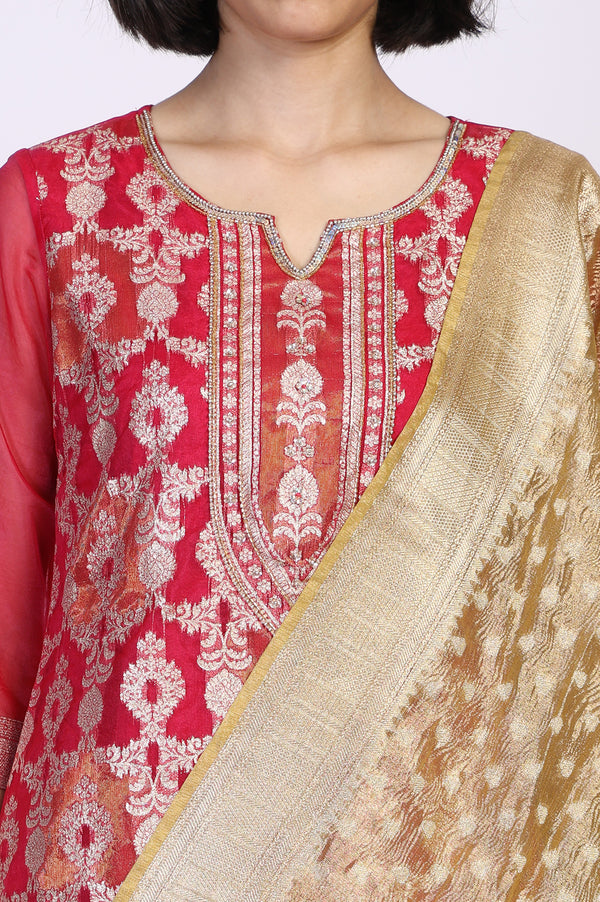 Pink Ethnic Motifs Printed Embroidered Straight Woven Kurta with Palazzo and Dupatta Set
