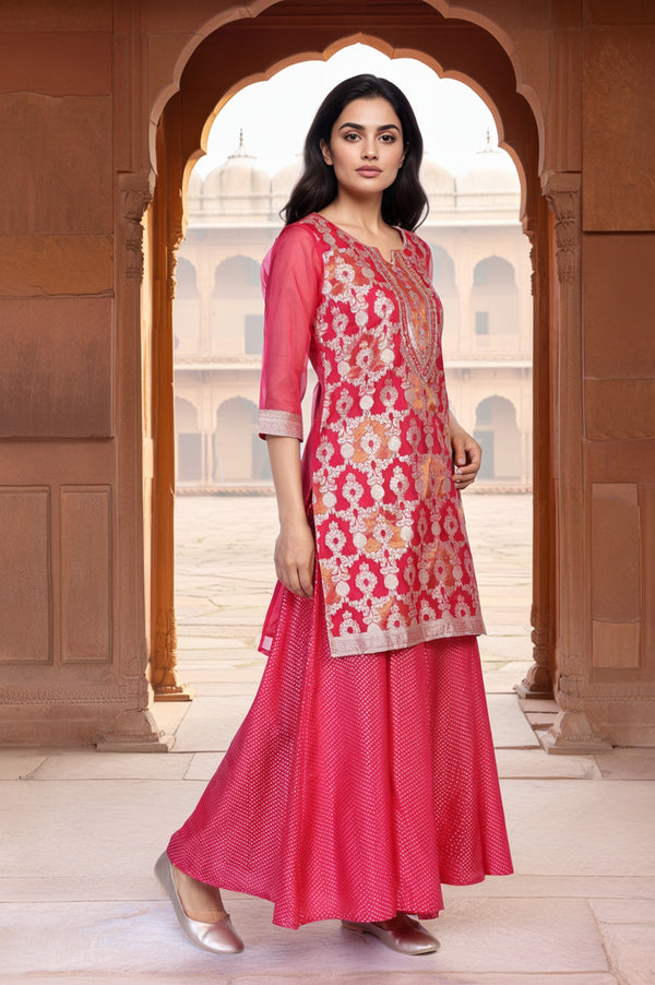 Pink Ethnic Motifs Printed Embroidered Straight Woven Kurta with Palazzo and Dupatta Set