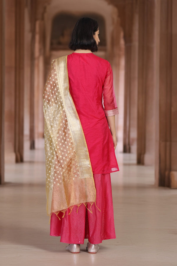 Pink Ethnic Motifs Printed Embroidered Straight Woven Kurta with Palazzo and Dupatta Set