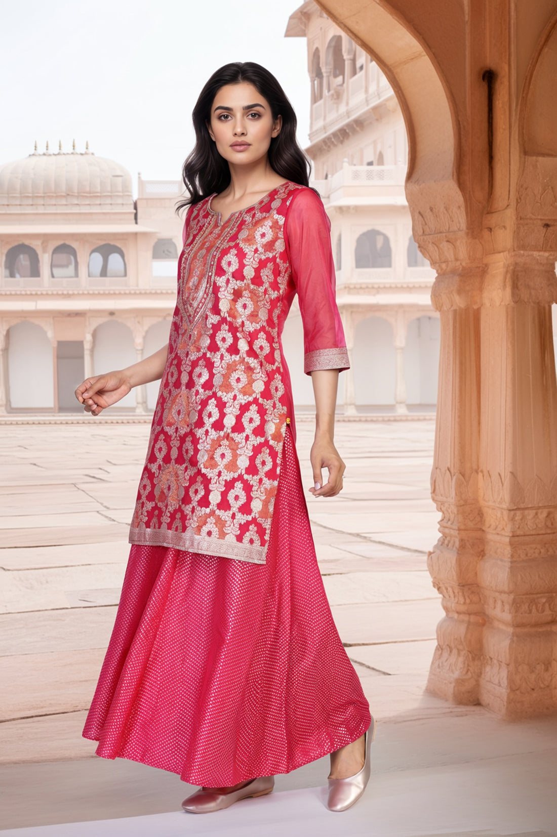 Pink Ethnic Motifs Printed Embroidered Straight Woven Kurta with Palazzo and Dupatta Set