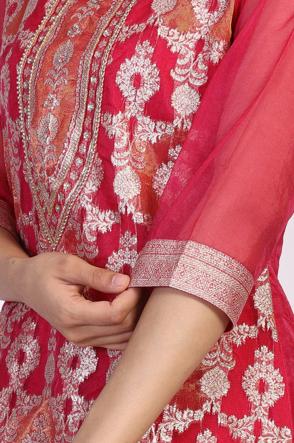 Pink Ethnic Motifs Printed Embroidered Straight Woven Kurta with Palazzo and Dupatta Set