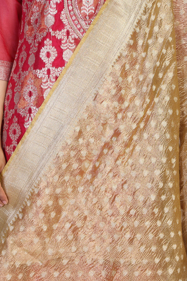 Pink Ethnic Motifs Printed Embroidered Straight Woven Kurta with Palazzo and Dupatta Set