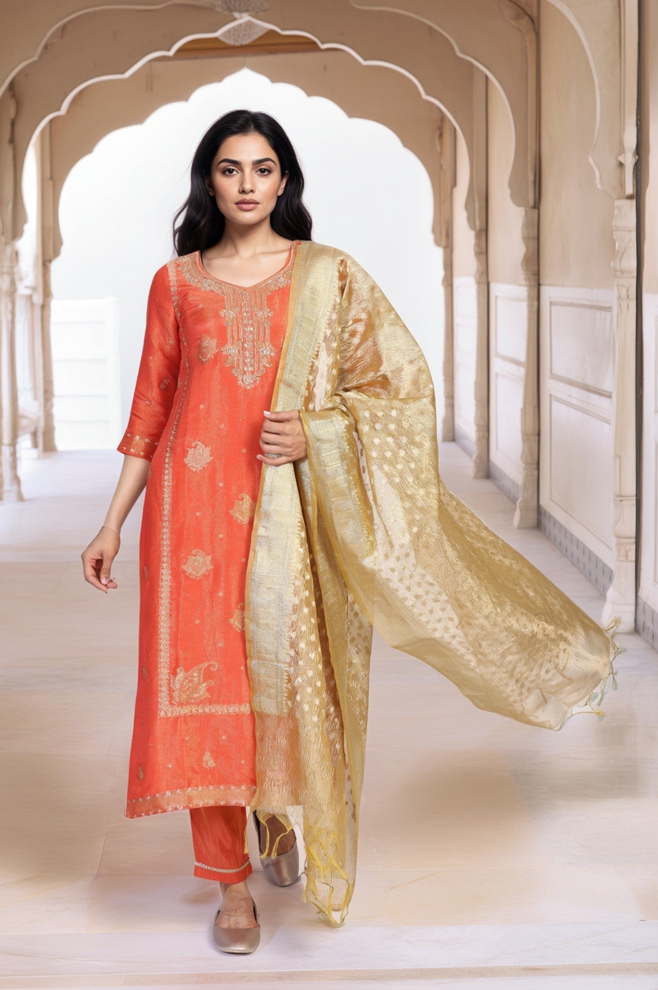 Aurelia orange embroidered straight kurta set with trouser and dupatta - best kurta set for women