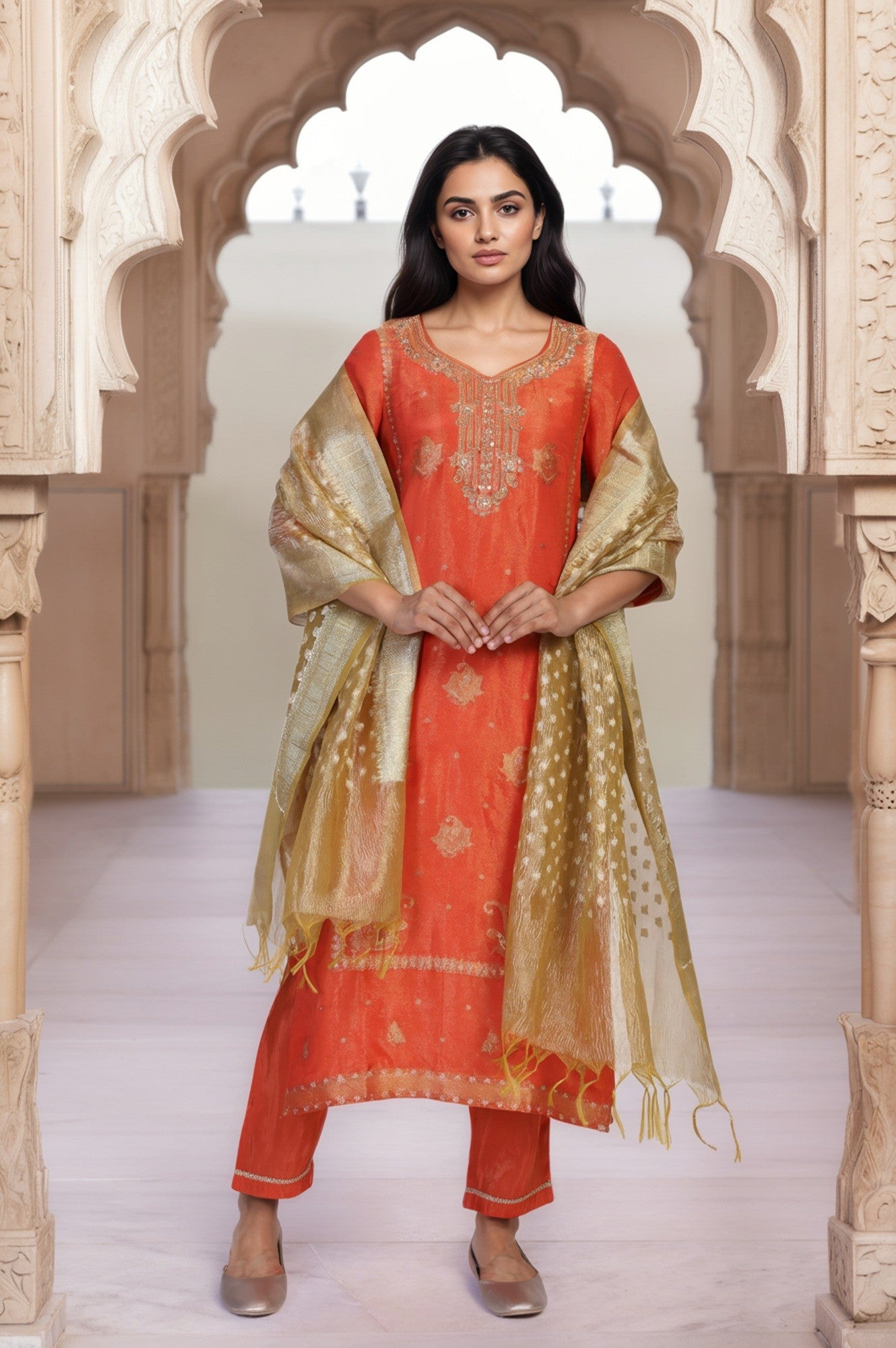 Orange Ethnic Motifs Hand Work Straight Kurta with Trouser and Dupatta Set