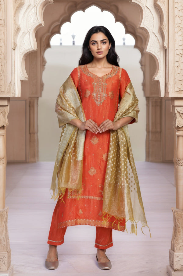 Orange Ethnic Motifs Hand Work Straight Kurta with Trouser and Dupatta Set