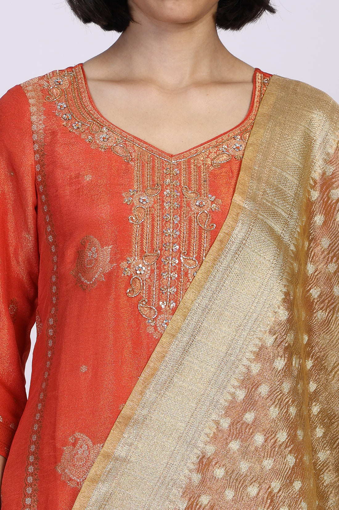 Orange Ethnic Motifs Hand Work Straight Kurta with Trouser and Dupatta Set