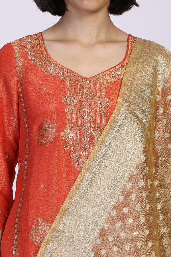 Orange Ethnic Motifs Hand Work Straight Kurta with Trouser and Dupatta Set