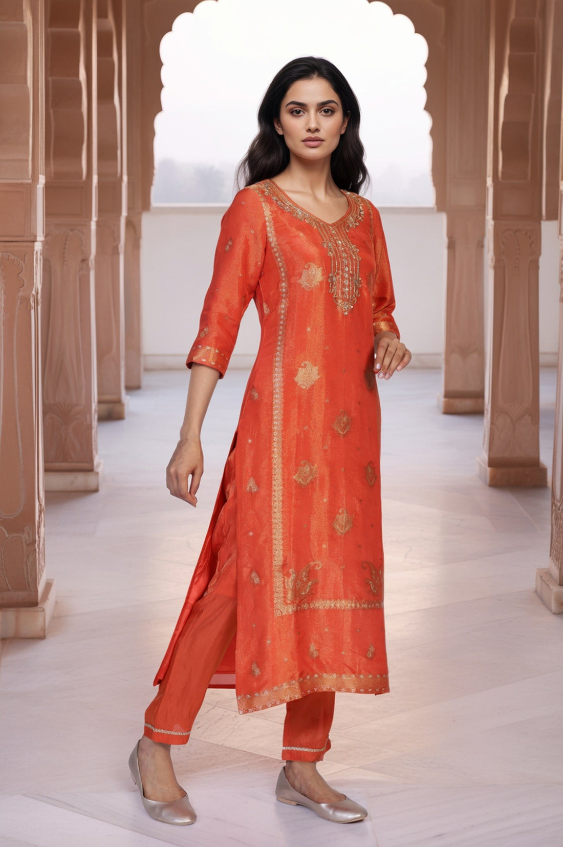Orange Ethnic Motifs Hand Work Straight Kurta with Trouser and Dupatta Set