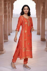 Orange Ethnic Motifs Hand Work Straight Kurta with Trouser and Dupatta Set