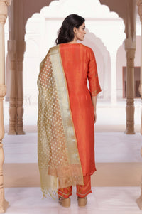 Orange Ethnic Motifs Hand Work Straight Kurta with Trouser and Dupatta Set