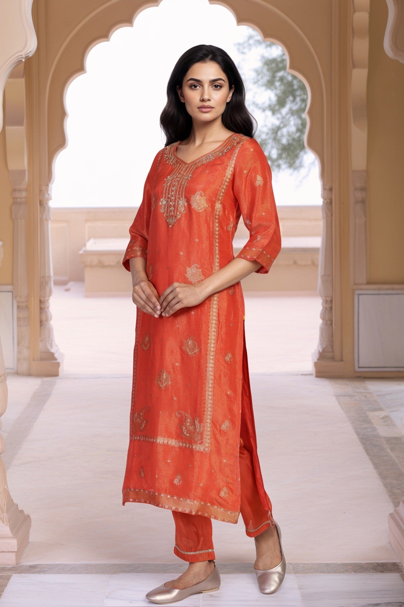Orange Ethnic Motifs Hand Work Straight Kurta with Trouser and Dupatta Set