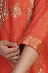 Orange Ethnic Motifs Hand Work Straight Kurta with Trouser and Dupatta Set