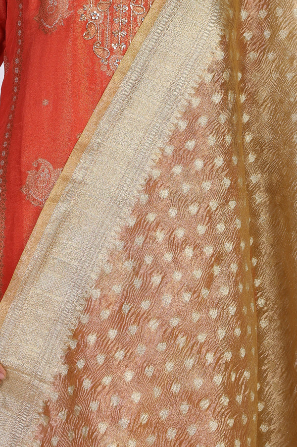 Orange Ethnic Motifs Hand Work Straight Kurta with Trouser and Dupatta Set