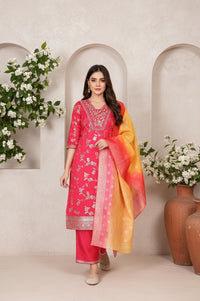 Pink Dori Embroidered Jacquard Straight Rayon Kurta with Palazzo and Dupatta Set
