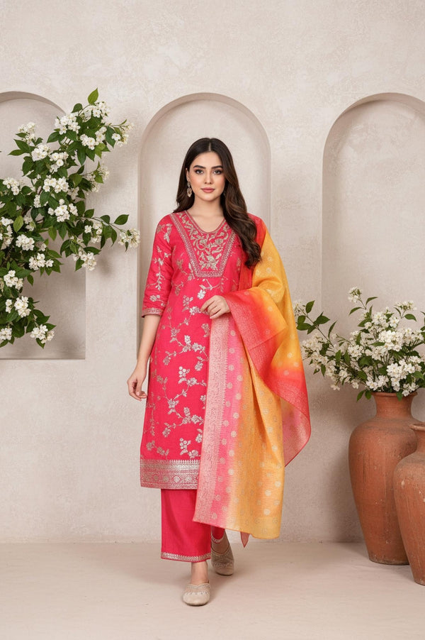 Pink Dori Embroidered Jacquard Straight Rayon Kurta with Palazzo and Dupatta Set
