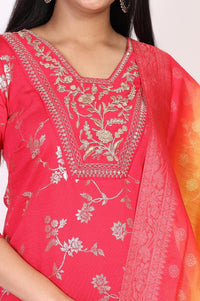 Pink Dori Embroidered Jacquard Straight Rayon Kurta with Palazzo and Dupatta Set