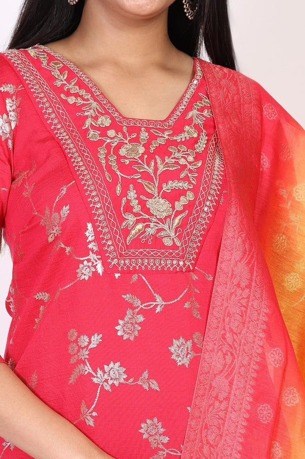Pink Dori Embroidered Jacquard Straight Rayon Kurta with Palazzo and Dupatta Set