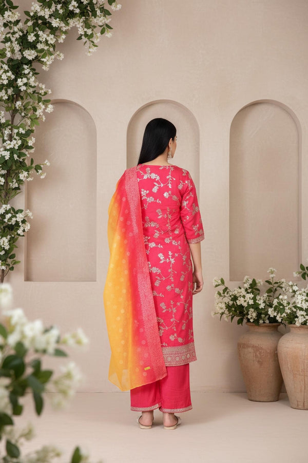 Pink Dori Embroidered Jacquard Straight Rayon Kurta with Palazzo and Dupatta Set