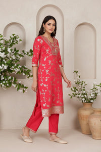Pink Dori Embroidered Jacquard Straight Rayon Kurta with Palazzo and Dupatta Set