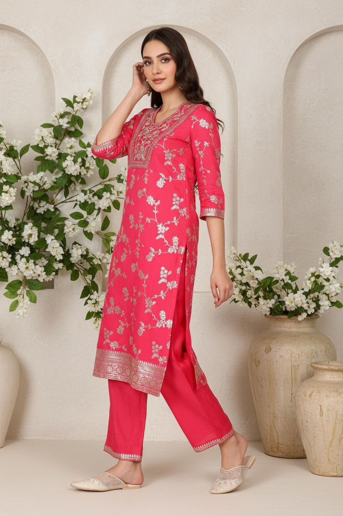 Pink Dori Embroidered Jacquard Straight Rayon Kurta with Palazzo and Dupatta Set