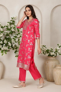 Pink Dori Embroidered Jacquard Straight Rayon Kurta with Palazzo and Dupatta Set