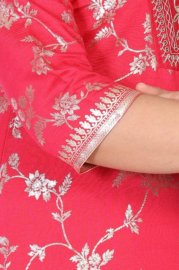 Pink Dori Embroidered Jacquard Straight Rayon Kurta with Palazzo and Dupatta Set