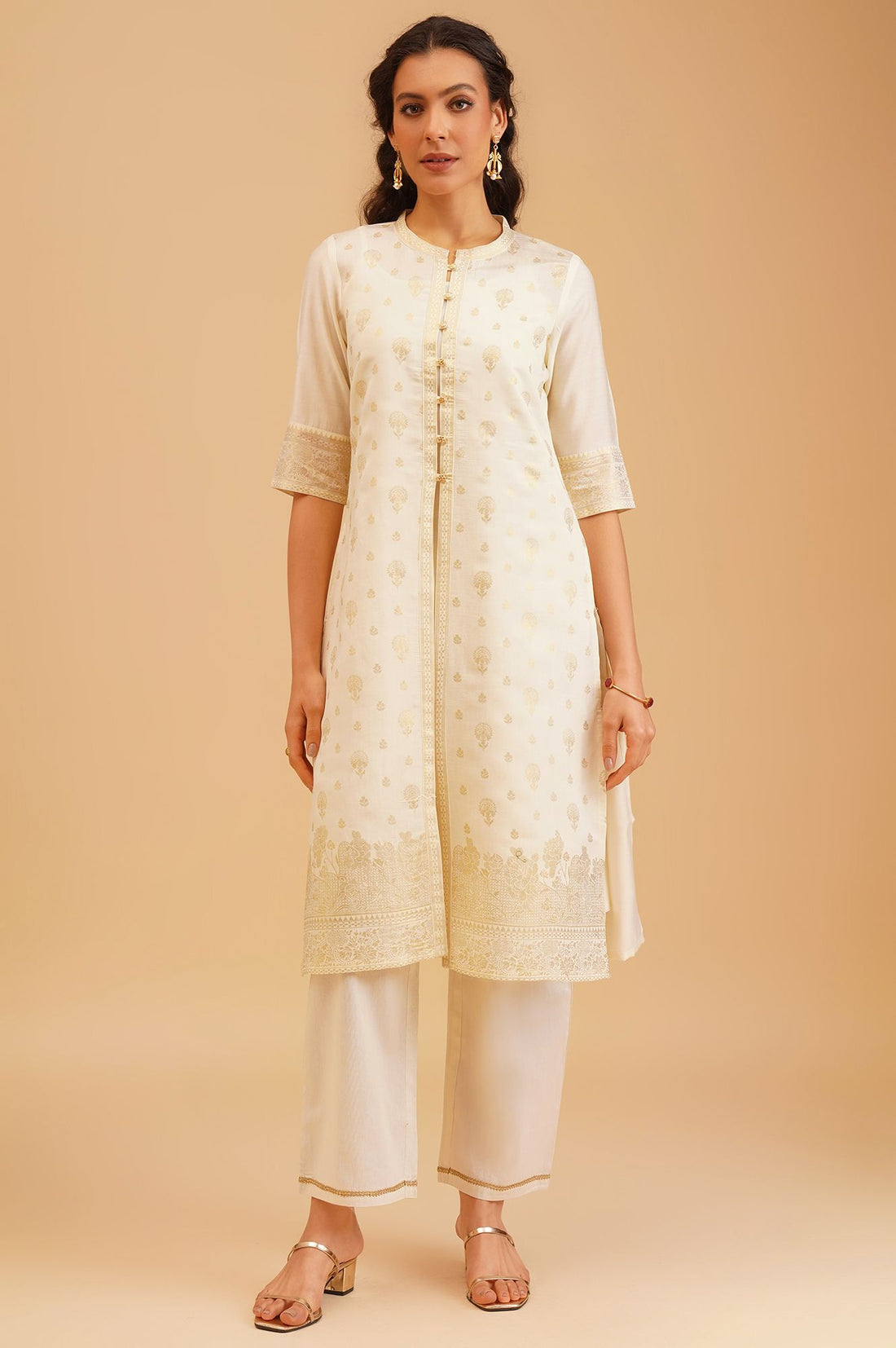 Off White Gold Printed Straight Kurta with Trousers and Jacket Set
