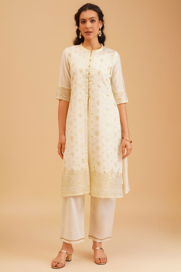 Off White Gold Printed Straight Kurta with Trousers and Jacket Set